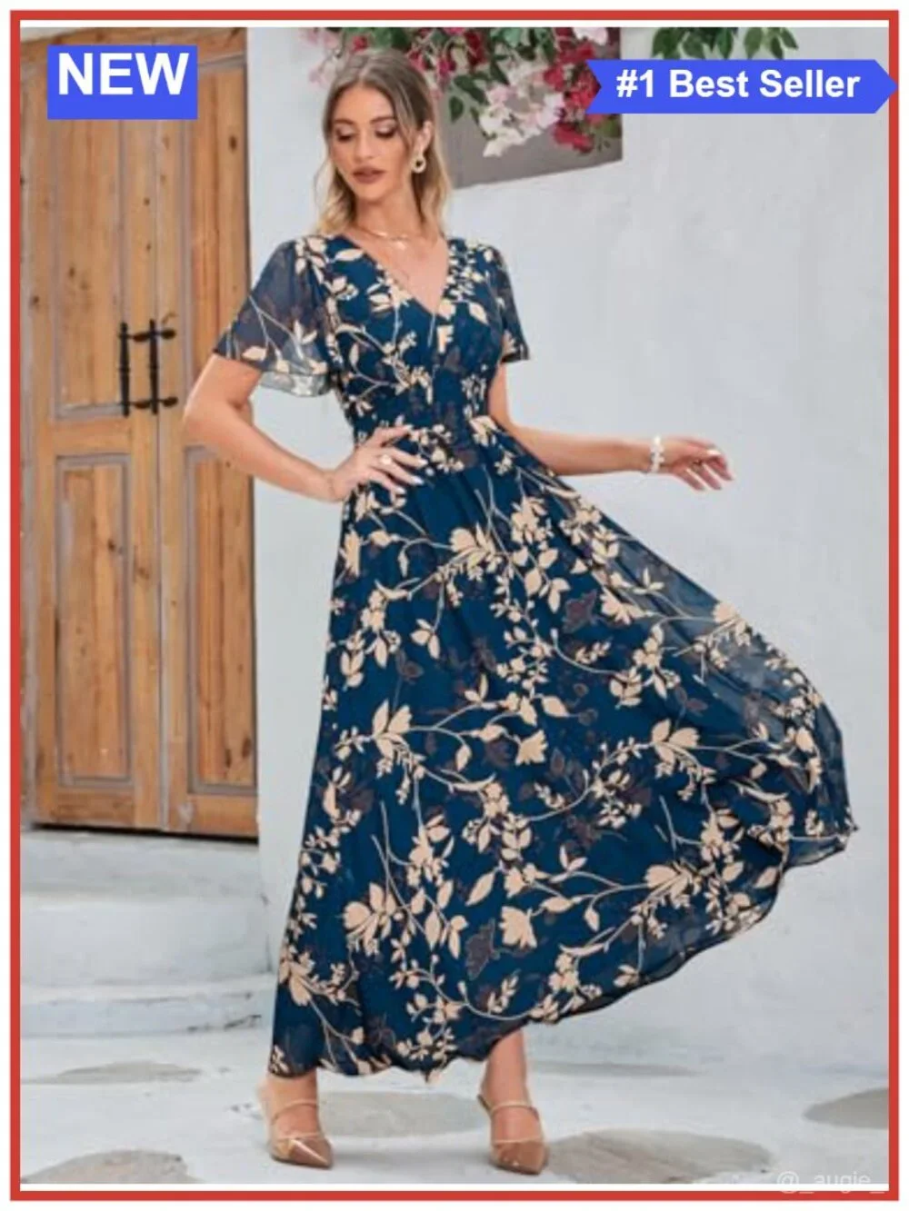Boho Floral Maxi Dress V Neck Short Sleeve Flowy Long Casual Wedding Guest